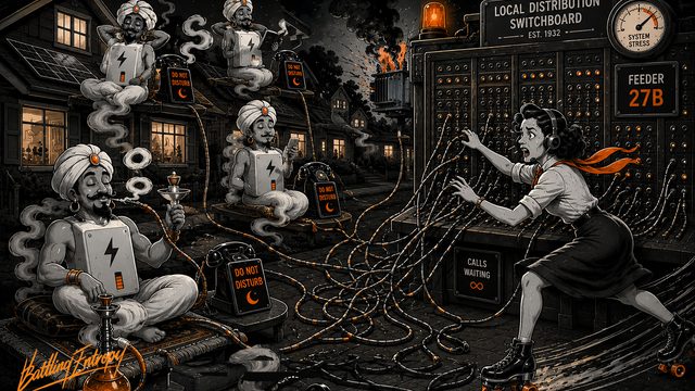 Grid operator frantically manages a vintage distribution switchboard as mystical energy spirits with lightning bolts emerge from homes at night, their "do not disturb" warnings tangled in chaotic power lines under a system stress gauge.