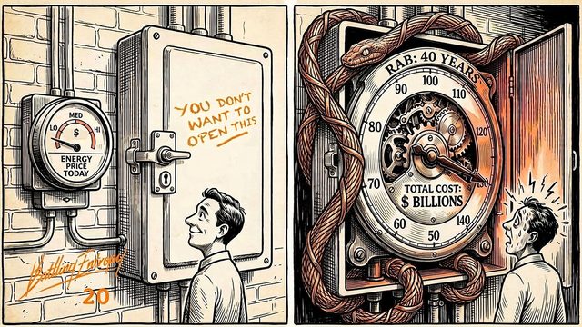 Two-panel political cartoon contrasting energy costs: left shows a man facing a meter labeled "Energy Price Today" with a dial pointing to "LOW". Next to it a huge cabinet has a note "you don't want to open this"; right reveals a massive steampunk gauge wrapped in a massive copper serpent reading "RAB: 40 Years" and "Total Cost: $ Billions," symbolizing hidden long-term infrastructure and network costs.