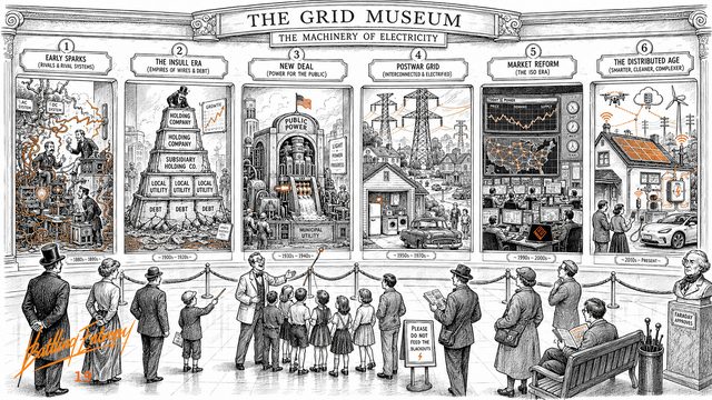 Museum exhibit showcasing six historical eras of electricity infrastructure: early sparks, insull-era monopolies, public power movement, postwar grid interconnection, ISO market reform, and distributed renewable energy with rooftop solar and EV charging.