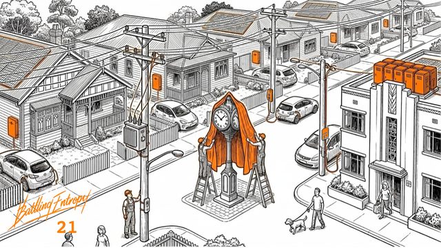 Suburban street scene with rooftop solar panels, electric vehicles at chargers, and a clock at the street's center being covered with a dustcloth by workers, signifying that time no longer matters.